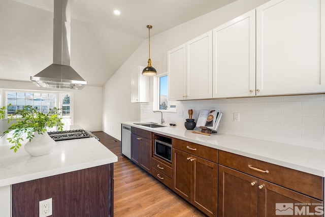 kitchen with wall chimney range hood, sink, light hardwood / wood-style flooring, vaulted ceiling, and stainless steel appliances