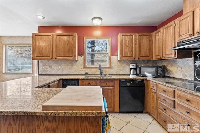 kitchen featuring sink, ventilation hood, a healthy amount of sunlight, and black appliances