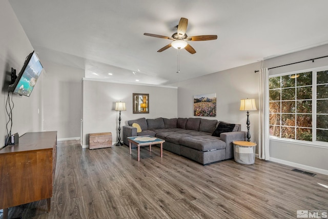 living room featuring ceiling fan and hardwood / wood-style floors