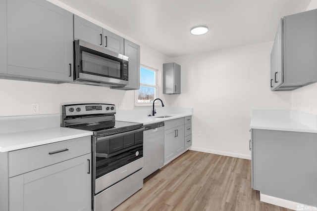 kitchen featuring gray cabinetry, sink, light hardwood / wood-style flooring, and appliances with stainless steel finishes