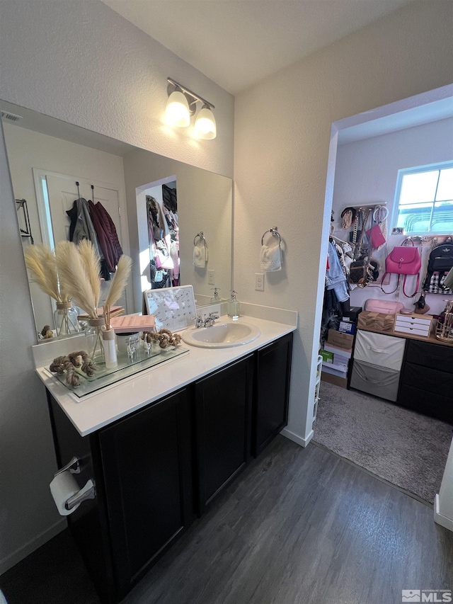 bathroom with vanity and hardwood / wood-style flooring