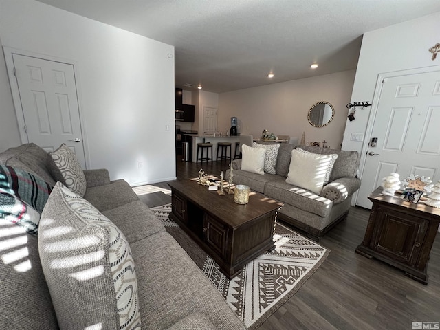 living room with dark hardwood / wood-style floors