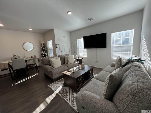 living room featuring dark hardwood / wood-style floors and plenty of natural light