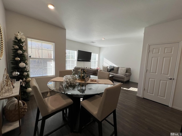 dining area with a wealth of natural light and dark wood-type flooring