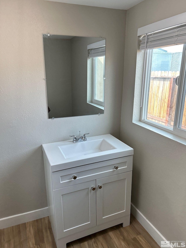 bathroom with hardwood / wood-style flooring and vanity