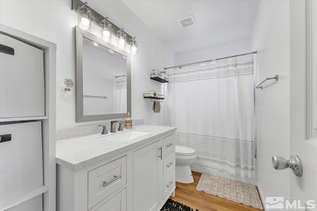 bathroom featuring vanity, wood-type flooring, and toilet