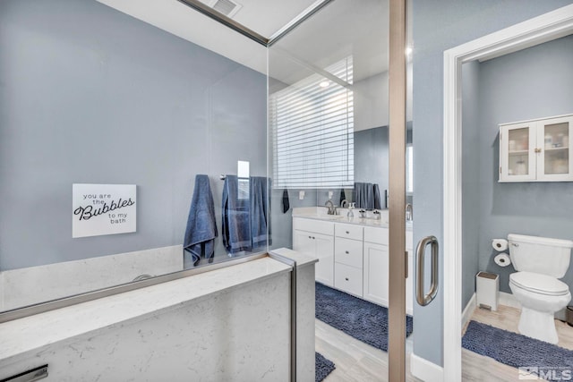 bathroom with wood-type flooring, vanity, and toilet