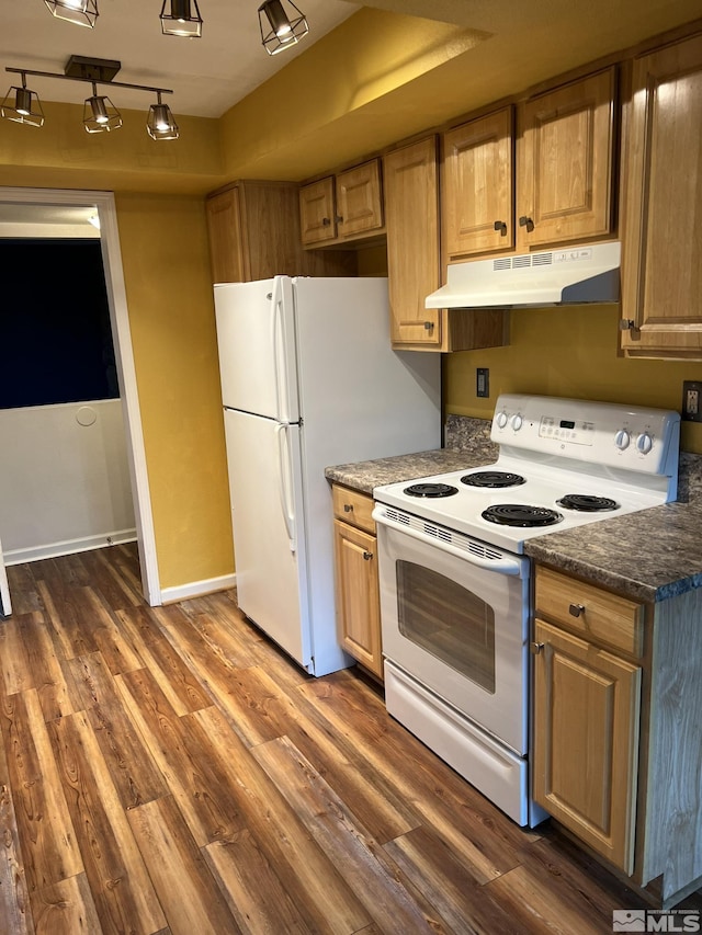 kitchen featuring white appliances, dark hardwood / wood-style floors, and rail lighting