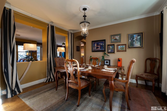 dining area featuring wood-type flooring and crown molding