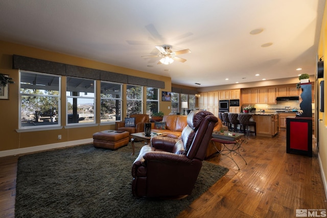 living room with wood-type flooring and ceiling fan