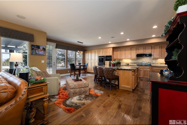 living room with dark hardwood / wood-style floors