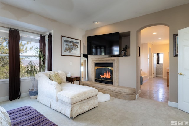 living room featuring light colored carpet, a fireplace, and a wealth of natural light