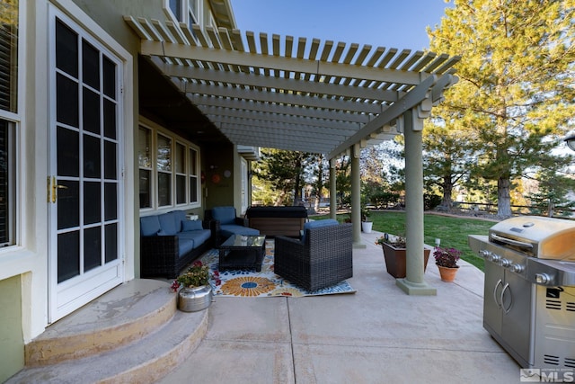 view of patio / terrace featuring a pergola, grilling area, and an outdoor hangout area