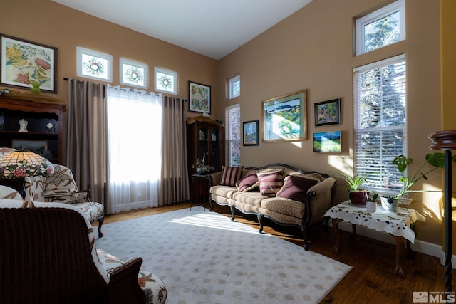 living room with a towering ceiling and dark hardwood / wood-style floors