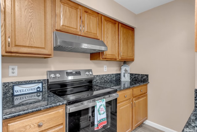 kitchen featuring electric range, light hardwood / wood-style flooring, and dark stone counters