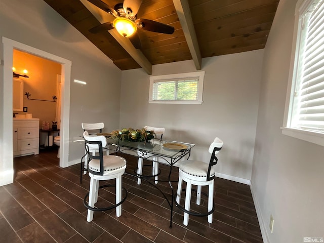 dining room with dark hardwood / wood-style flooring, vaulted ceiling with beams, ceiling fan, and wooden ceiling