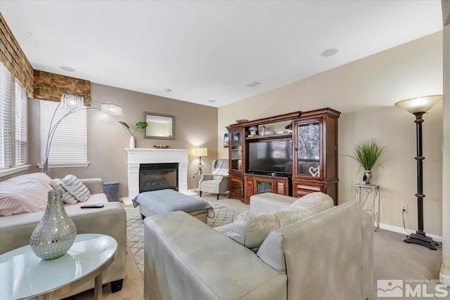 living room with light colored carpet