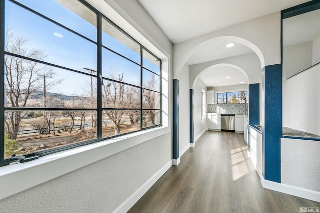 hall featuring a healthy amount of sunlight and dark hardwood / wood-style flooring