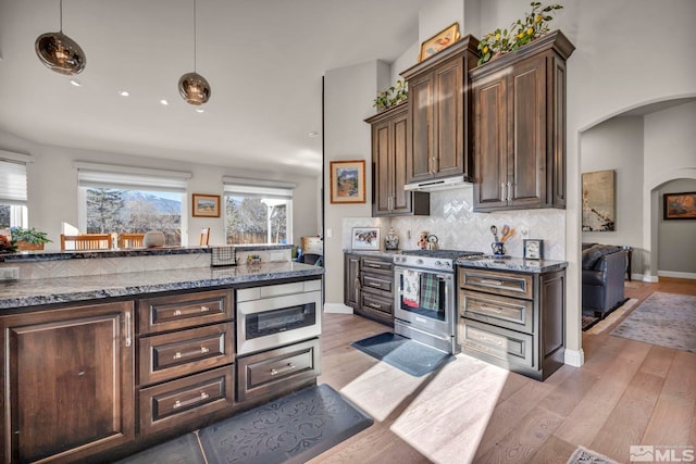 kitchen with dark brown cabinets, stainless steel appliances, light hardwood / wood-style flooring, and dark stone counters