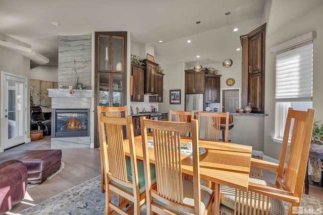 dining room with light hardwood / wood-style flooring and lofted ceiling