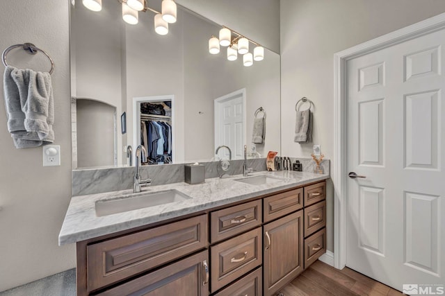 bathroom with hardwood / wood-style floors and vanity