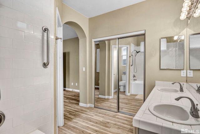 bathroom with wood-type flooring, vanity, and toilet