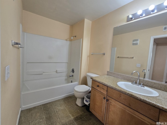 full bathroom featuring tile patterned flooring, vanity,  shower combination, and toilet