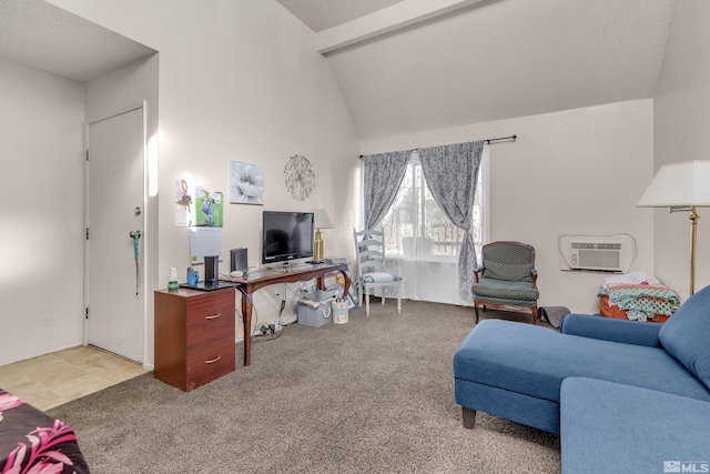 carpeted living room with a wall mounted air conditioner, a textured ceiling, and vaulted ceiling