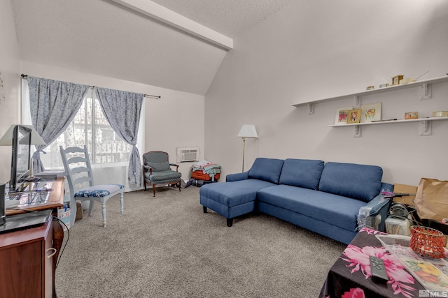 carpeted living room featuring a textured ceiling and lofted ceiling