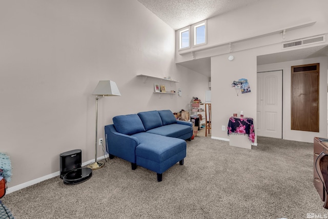 carpeted living room with a textured ceiling and vaulted ceiling