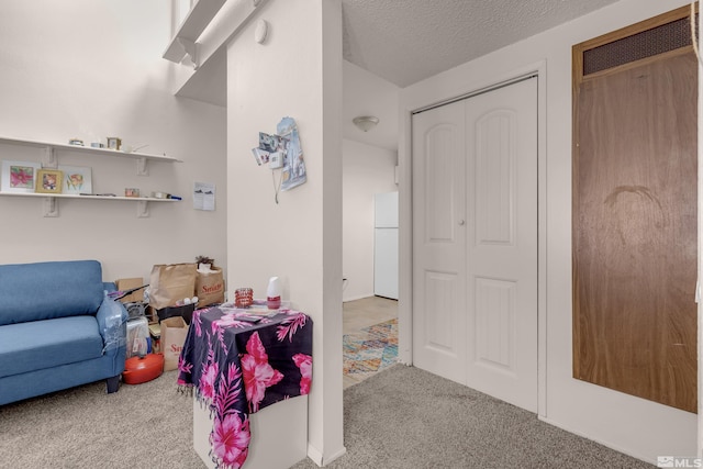 game room featuring carpet flooring and a textured ceiling