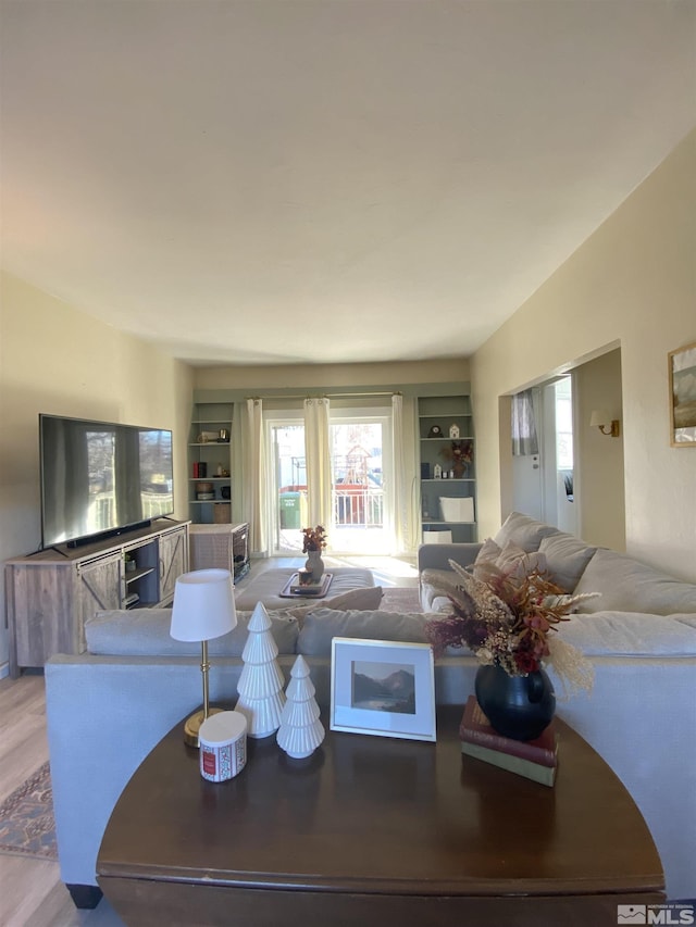 living room with built in shelves and light hardwood / wood-style flooring