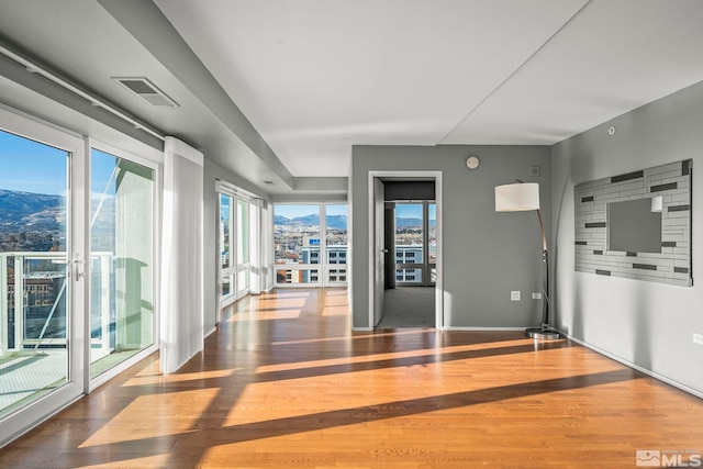 spare room featuring a mountain view and wood-type flooring