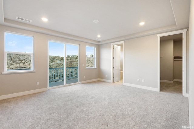 unfurnished bedroom featuring multiple windows, a spacious closet, light carpet, and access to exterior