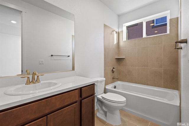 bathroom featuring toilet, tile patterned flooring, bathtub / shower combination, and vanity