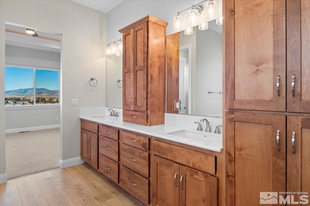 bathroom featuring a mountain view, hardwood / wood-style floors, and vanity