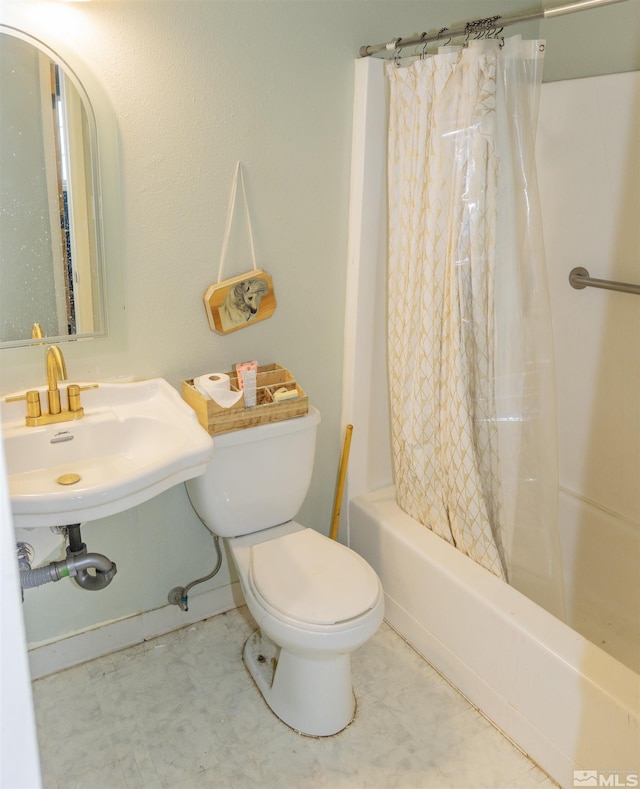 full bath with a sink, shower / bathtub combination with curtain, toilet, and tile patterned floors