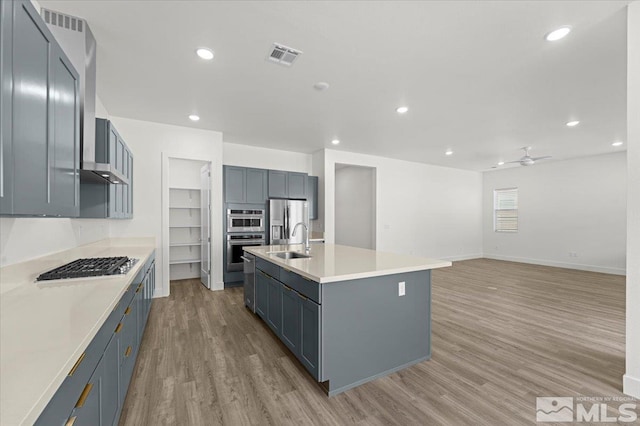 kitchen with ceiling fan, sink, stainless steel appliances, light hardwood / wood-style floors, and a kitchen island with sink