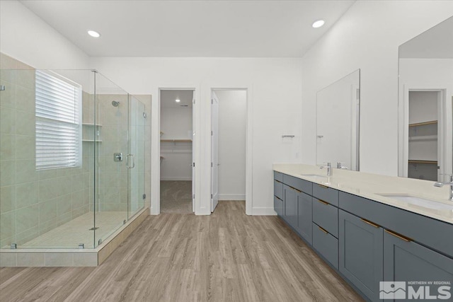 bathroom featuring hardwood / wood-style floors, vanity, and a shower with door