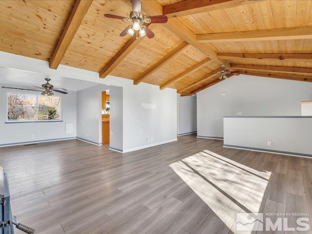 interior space featuring lofted ceiling with beams, ceiling fan, wood-type flooring, and wood ceiling