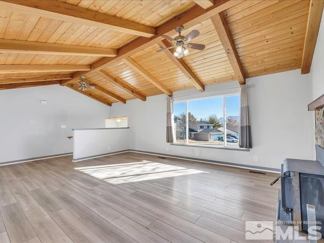 unfurnished living room featuring ceiling fan, light hardwood / wood-style flooring, lofted ceiling with beams, and wooden ceiling