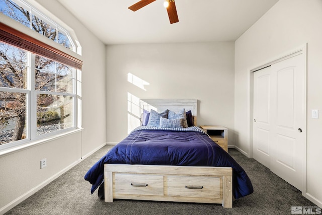 bedroom with ceiling fan, dark carpet, and a closet