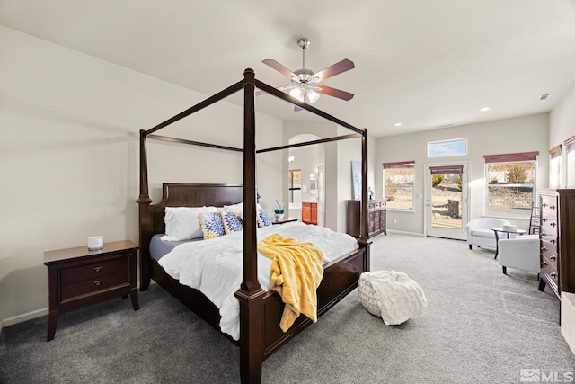 bedroom featuring access to exterior, carpet flooring, and ceiling fan