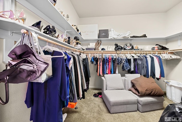 walk in closet featuring light colored carpet