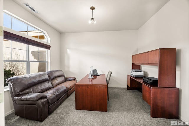 office with dark colored carpet