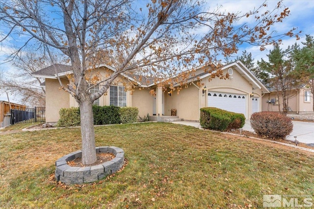 ranch-style home with a garage and a front lawn