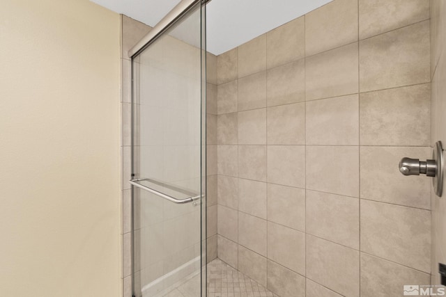 bathroom featuring a shower with shower door