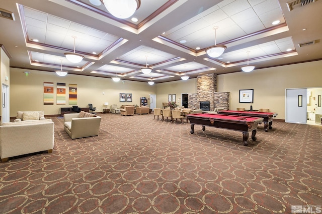 playroom with coffered ceiling, a fireplace, pool table, beamed ceiling, and carpet floors