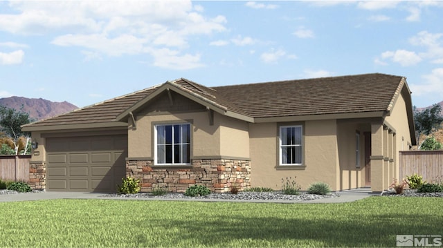 single story home featuring a mountain view, a garage, and a front lawn