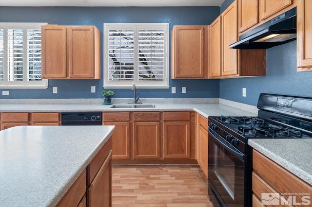 kitchen featuring sink, light hardwood / wood-style floors, and black appliances